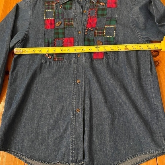 SUSAN BRISTOL Fall Denim Shirt Women Long Sleeve Tartan Patched Chambray Medium - Picture 12 of 14